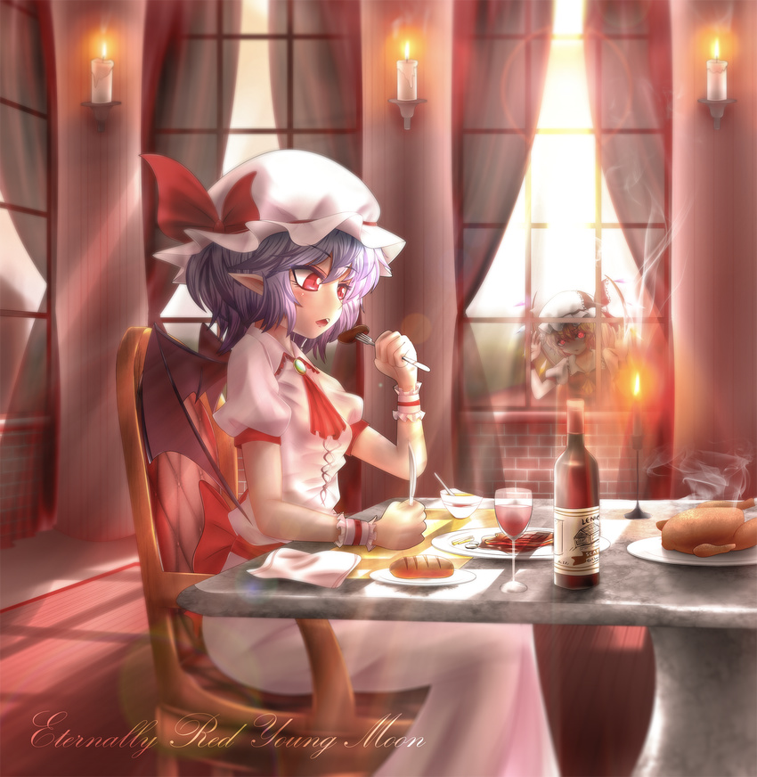 ascot bat_wings blonde_hair blush bottle candle chair cup curtains dish dress drinking_glass eating english fire flandre_scarlet food fork hat hat_ribbon highres indoors knife lavender_hair looking_at_another mob_cap multiple_girls pink_dress pointy_ears puffy_sleeves red_eyes remilia_scarlet ribbon sash shaded_face short_hair short_sleeves sitting solo_focus table text_focus touhou welchsbinn window wine_bottle wine_glass wings wrist_cuffs