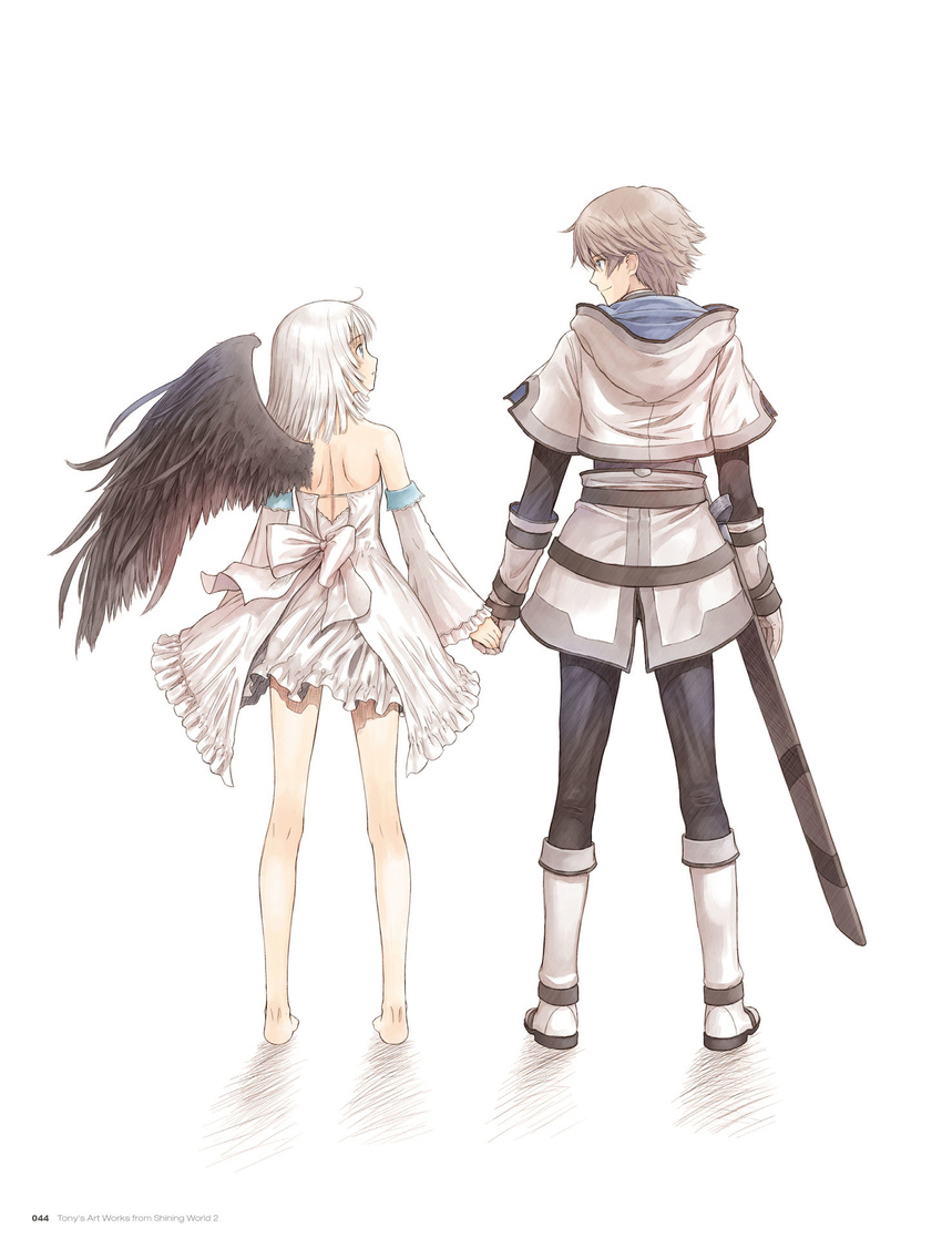 1girl artist_name bare_back barefoot black_wings brown_hair copyright_name detached_sleeves dress eye_contact feathered_wings fried_karim full_body gloves green_eyes highres holding_hands looking_at_another panis_angelicus sheath shining_(series) shining_world short_dress short_hair silver_hair simple_background single_wing sleeveless sleeveless_dress smile standing tanaka_takayuki white_background white_dress white_gloves wings