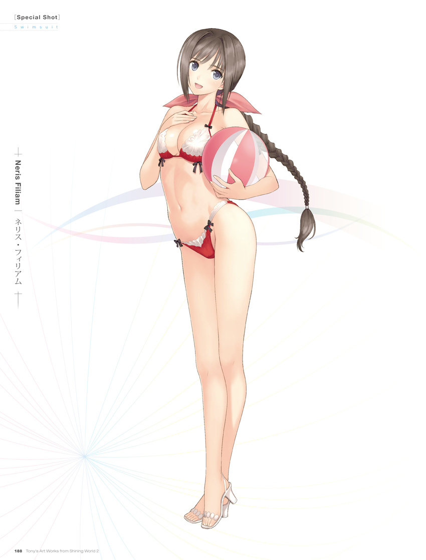 bikini braid brown_hair highres long_hair long_legs looking_at_viewer looking_up neris_(shining_hearts) non-web_source open_mouth sandals shining_(series) shining_hearts shining_world simple_background single_braid skirt smile solo swimsuit tanaka_takayuki white_background