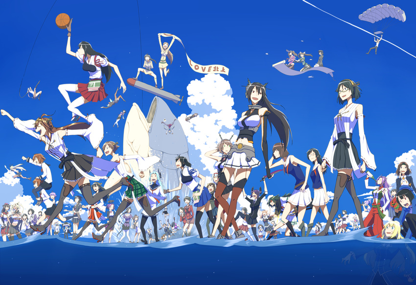 6+girls admiral_(kantai_collection) agano_(kantai_collection) ahoge akagi_(kantai_collection) akebono_(kantai_collection) akitsu_maru_(kantai_collection) animal aoba_(kantai_collection) ashigara_(kantai_collection) atago_(kantai_collection) banner basketball binoculars birii black_hair blonde_hair blue_hair blue_sky brown_hair carrying chitose_(kantai_collection) chiyoda_(kantai_collection) choukai_(kantai_collection) cloud condensation_trail cover cover_page crying dark_skin day detexted dragon_ball dragon_ball_(classic) drinking dunk everyone eyepatch falling fingerless_gloves fish fishing fishing_line fishing_rod flag flying fusou_(kantai_collection) glasses glint gloves glowing glowing_eye haguro_(kantai_collection) hair_ornament hair_ribbon haruna_(kantai_collection) hat hatsukaze_(kantai_collection) hayashimo_(kantai_collection) hibiki_(kantai_collection) hiei_(kantai_collection) high_ponytail highres houshou_(kantai_collection) ikazuchi_(kantai_collection) inazuma_(kantai_collection) indian_style isuzu_(kantai_collection) jun'you_(kantai_collection) kaga_(kantai_collection) kagerou_(kantai_collection) kako_(kantai_collection) kantai_collection kinu_(kantai_collection) kirishima_(kantai_collection) kiso_(kantai_collection) kitakami_(kantai_collection) kiyoshimo_(kantai_collection) kongou_(kantai_collection) kumano_(kantai_collection) kuroshio_(kantai_collection) long_hair long_ponytail magic_carpet maya_(kantai_collection) mikuma_(kantai_collection) mogami_(kantai_collection) multiple_girls muneate murakumo_(kantai_collection) musashi_(kantai_collection) mutsu_(kantai_collection) myoukou_(kantai_collection) myoukou_pose nachi_(kantai_collection) nagara_(kantai_collection) nagato_(kantai_collection) navel neck_ribbon neckerchief necktie nontraditional_miko ocean ooi_(kantai_collection) open_mouth outdoors oversized_animal pantyhose parachute parody partially_submerged pleated_skirt ponytail pose purple_hair raised_fist remodel_(kantai_collection) ribbon ringlets running running_on_liquid ryuujou_(kantai_collection) sakawa_(kantai_collection) scabbard scared scroll seiza sheath shigure_(kantai_collection) shikigami shimakaze_(kantai_collection) shiranui_(kantai_collection) short_ponytail shoukaku_(kantai_collection) shoulder_carry side_ponytail sinking sitting skirt sky sky_surfing slam_dunk smile splashing standing standing_on_liquid surprised suzuya_(kantai_collection) sweatdrop taihou_(kantai_collection) takao_(kantai_collection) tao_pai_pai tatsuta_(kantai_collection) tears tenryuu_(kantai_collection) thighhighs third-party_edit tone_(kantai_collection) torpedo twintails umbrella underwear unsheathing ushio_(kantai_collection) verniy_(kantai_collection) walking walking_on_liquid water wet wo-class_aircraft_carrier yamashiro_(kantai_collection) yamato_(kantai_collection) yukikaze_(kantai_collection) yura_(kantai_collection) yuudachi_(kantai_collection)