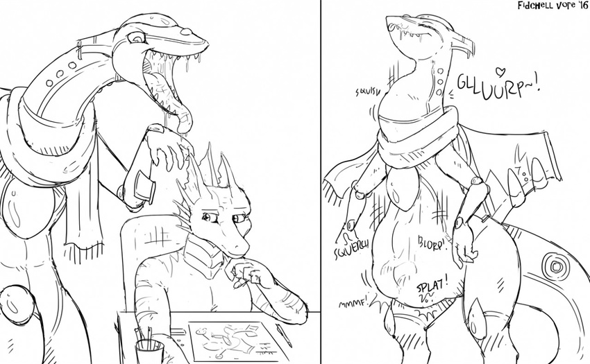 2016 aircraft airplane ambiguous_gender belly big_belly chair comic cup dragon drooling featureless_crotch fidchellvore living_aircraft living_machine machine male monochrome neck_bulge nude open_mouth paper pencil_(disambiguation) saliva scales scalie scarf sharp_teeth simple_background sitting smile table teeth tongue tongue_out vore white_background wings