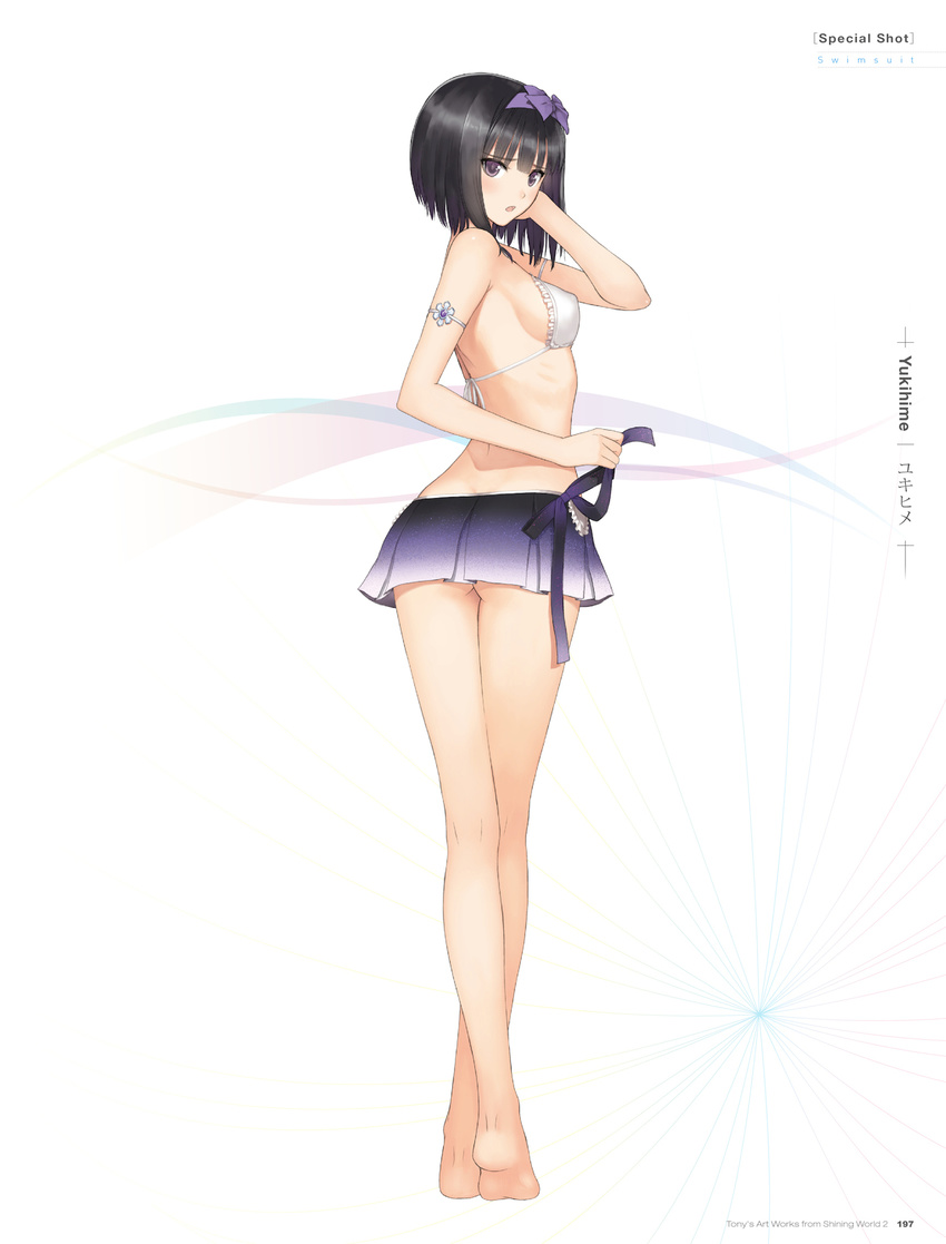 amethyst armlet artist_name back bangs bare_shoulders barefoot bikini bikini_skirt black_hair blue_bow blue_skirt blunt_bangs blush bow breasts character_name crossed_legs embarrassed eyebrows_visible_through_hair frilled_bikini frilled_skirt frills from_behind full_body gem gradient hair_bow hairband hand_on_own_cheek highres kneepits legs legs_together long_legs looking_at_viewer looking_back miniskirt non-web_source official_art open_mouth page_number pleated_skirt purple_bow raised_eyebrows ribs scan shining_(series) shining_blade short_hair sideboob simple_background skirt snowflakes solo straight_hair swimsuit tanaka_takayuki tiptoes twisted_torso watson_cross white_background white_bikini yukihime_(shining)