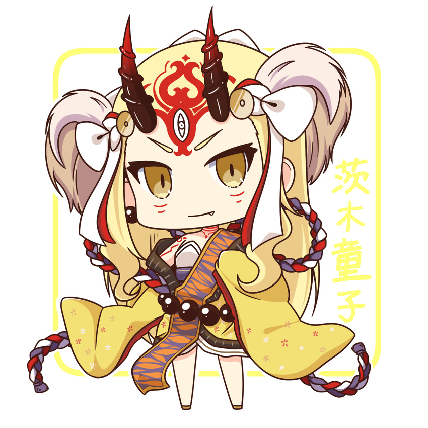 blonde_hair chibi fang fang_out fate/grand_order fate_(series) hair_ornament highres horns ibaraki_douji_(fate/grand_order) japanese_clothes kimono long_hair looking_at_viewer oni shachoo. smile solo yellow_eyes yellow_kimono