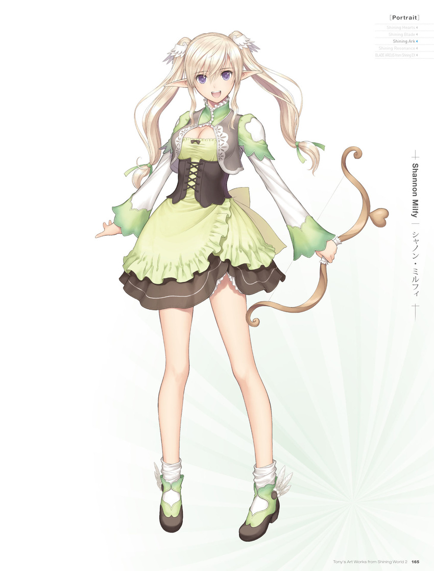 :d artist_name blonde_hair bow_(weapon) breasts cleavage copyright_name dress elf full_body green_dress hair_ornament highres holding holding_weapon long_hair looking_at_viewer medium_breasts open_mouth pointy_ears purple_eyes shannon_(shining_ark) shining_(series) shining_ark shining_world simple_background smile socks solo standing tanaka_takayuki twintails weapon white_background white_legwear