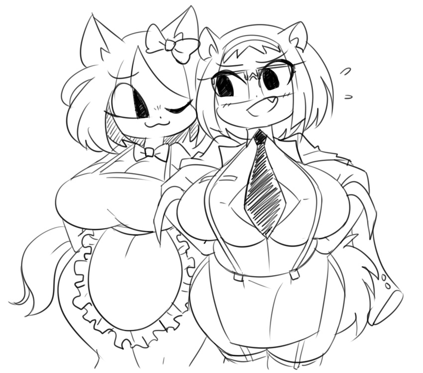 :3 anthro apron big_breasts black_and_white blush bow bow_tie breasts cat clothing duo eyewear feline female glasses graphiteknight hair huge_breasts mammal monochrome necktie one_eye_closed smile sugar_(gats)