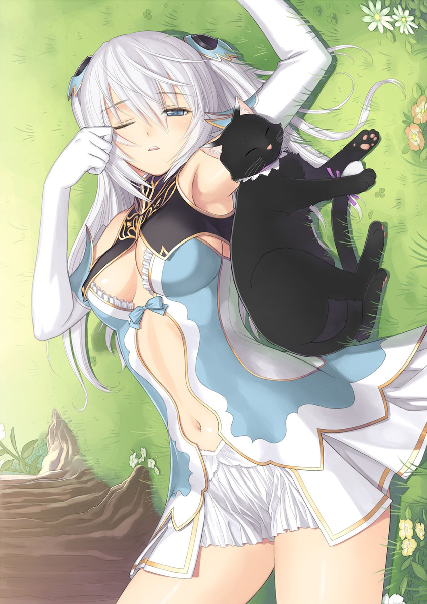 altina_(shining_blade) animal arm_up armpits bare_shoulders belly blue_eyes blush breasts breasts_apart cat center_opening cleavage elbow_gloves elf flower gloves grass hair_ornament half_updo hand_on_own_face hand_to_head highres large_breasts long_hair looking_at_viewer lying midriff navel navel_cutout official_art on_back one_eye_closed open_mouth paws plant pointy_ears purple_ribbon ribbon shining_(series) shining_blade shining_world silver_hair skirt solo tail tail_ribbon tanaka_takayuki tree turtleneck twintails two_side_up waking_up white_gloves