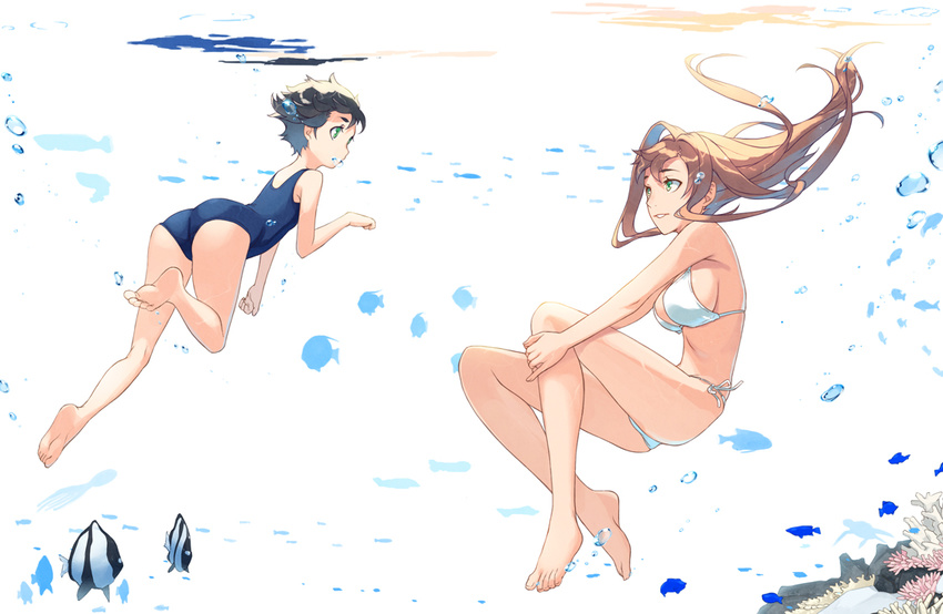 air_bubble animal ass back bangs barefoot bikini black_hair blue_swimsuit breasts breath brown_hair bubble clenched_hands closed_mouth coral eyelashes feet fish floating_hair freediving green_eyes holding_breath kimura_(ykimu) large_breasts leg_hug long_hair looking_at_another multiple_girls ocean one-piece_swimsuit original parted_lips reflection short_hair side-tie_bikini sideboob smile soles swimsuit underwater white_background white_bikini