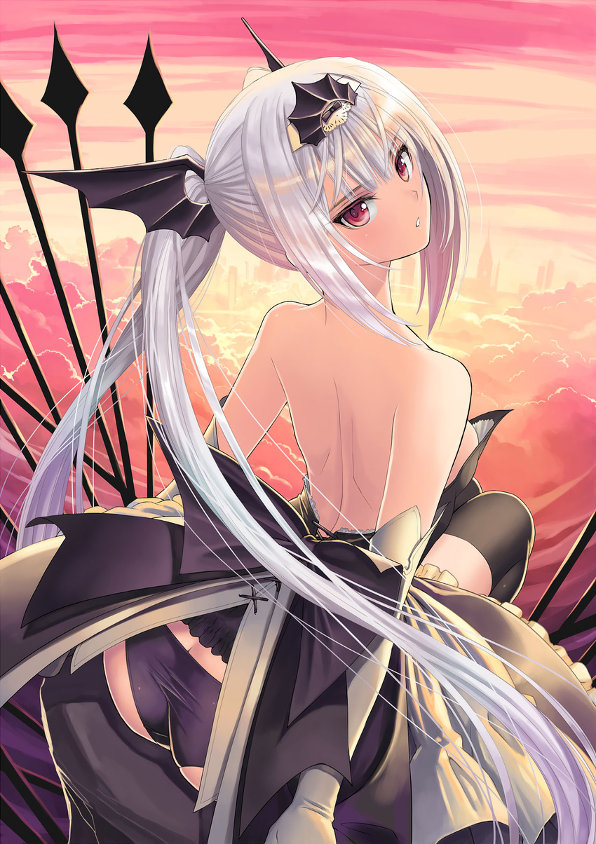 arched_back ass bare_shoulders black_dress black_legwear black_panties breasts dress elbow_gloves excela_noa_aura from_behind gloves grey_gloves hair_ornament highres long_hair medium_breasts outdoors panties parted_lips red_eyes shining_(series) shining_resonance silver_hair sitting solo strapless strapless_dress sunset tanaka_takayuki thighhighs twintails underwear very_long_hair