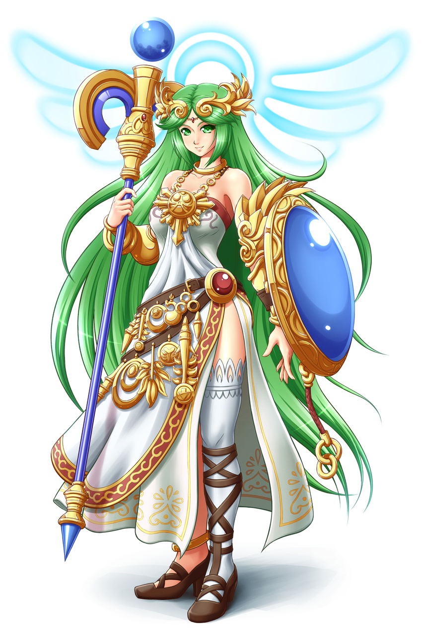 absurdres anklet asymmetrical_footwear breasts dress full_body gold green_eyes green_hair highres hips jewelry kid_icarus layered_clothing long_hair long_skirt mazume medium_breasts mismatched_footwear ornament palutena shield shiny shiny_hair side_slit simple_background single_thighhigh skirt smile solo staff strapless strapless_dress super_smash_bros. thighhighs very_long_hair white_background white_dress white_legwear white_skirt