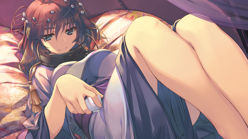 amazuyu_tatsuki animal_ears blue_eyes brown_hair collar drink game_cg headdress karura_(utawareru_mono) long_sleeves lying official_art on_back smile solo utawareru_mono utawareru_mono:_itsuwari_no_kamen