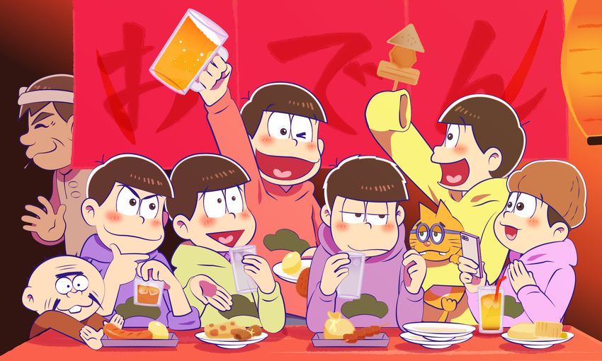 a_(a_hato_mune) akatsuka_fujio alcohol beanie beer beer_mug bowl_cut brothers cup drinking facial_hair food food_stand hachimaki hat headband heart heart_in_mouth highres hijirisawa_shonosuke holding holding_cup male_focus matsuno_choromatsu matsuno_ichimatsu matsuno_juushimatsu matsuno_karamatsu matsuno_osomatsu matsuno_todomatsu multiple_boys mustache oden osomatsu-kun osomatsu-san plate sextuplets siblings sleeves_past_wrists waving yatai