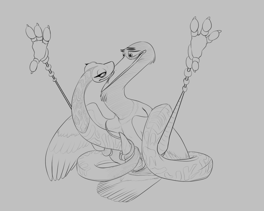avian bird coiling crane erection eye_contact female feral greyscale kung_fu_panda legs_up line_art long_neck male male/female master_crane master_viper monochrome penis reptile romantic scalie sex snake spread_legs spreading tail_sex tailjob tapering_penis viper yaroul