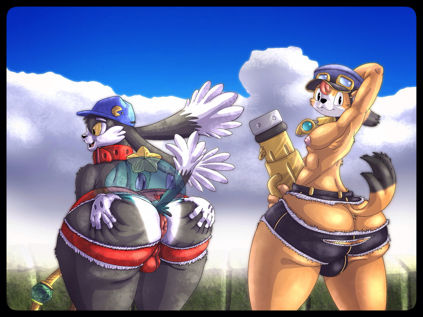 anus armpits balls bent_over big_butt butt cabbit cat clothed clothing eyewear feline goggles goo hat huepow hybrid klonoa klonoa_(series) lagomorph lastik looking_back male mammal mamoru-kun rabbit skimpy spread_butt spreading tail_concerto tight_clothing topless torn_clothing yellow_eyes