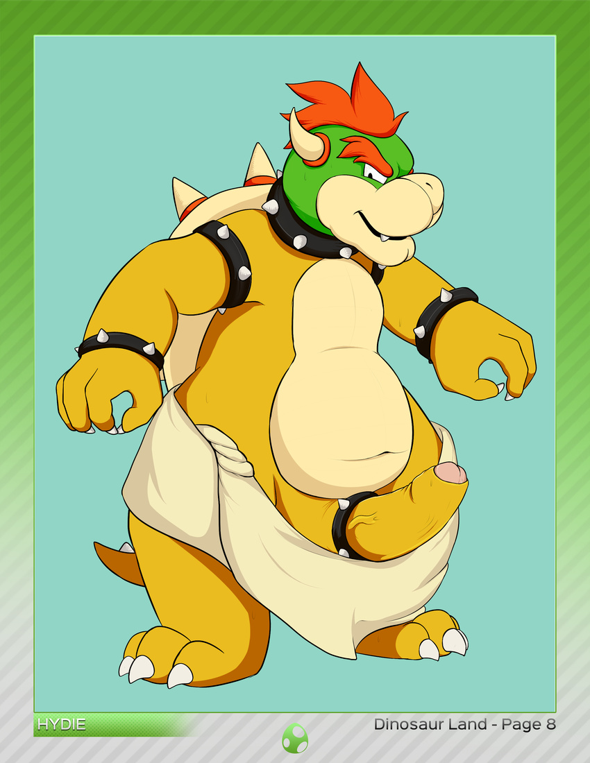 2016 absurd_res anthro belly big_penis bowser canvaskat claws cock_ring collar erection fangs glans hair hi_res horn humanoid_penis koopa looking_at_viewer male mario_bros nintendo orange_hair penis poking_out scalie simple_background slightly_chubby smirk solo spiked_bracelet spiked_collar standing towel uncut video_games