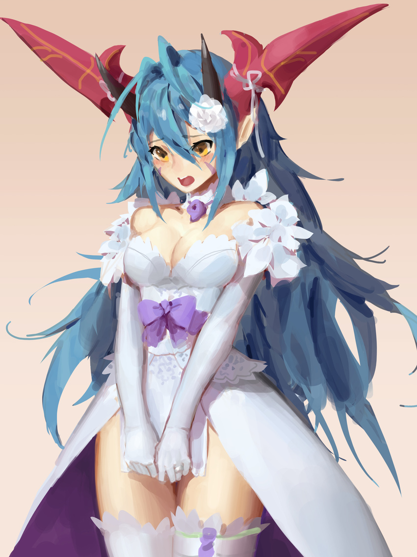 absurdres blue_hair blush breasts cleavage covering covering_crotch dragon_horns dress elbow_gloves embarrassed gloves highres horns long_hair medium_breasts open_mouth orange_eyes orokanahime puzzle_&amp;_dragons satsuki_(p&amp;d) solo standing thighhighs wedding_dress zettai_ryouiki