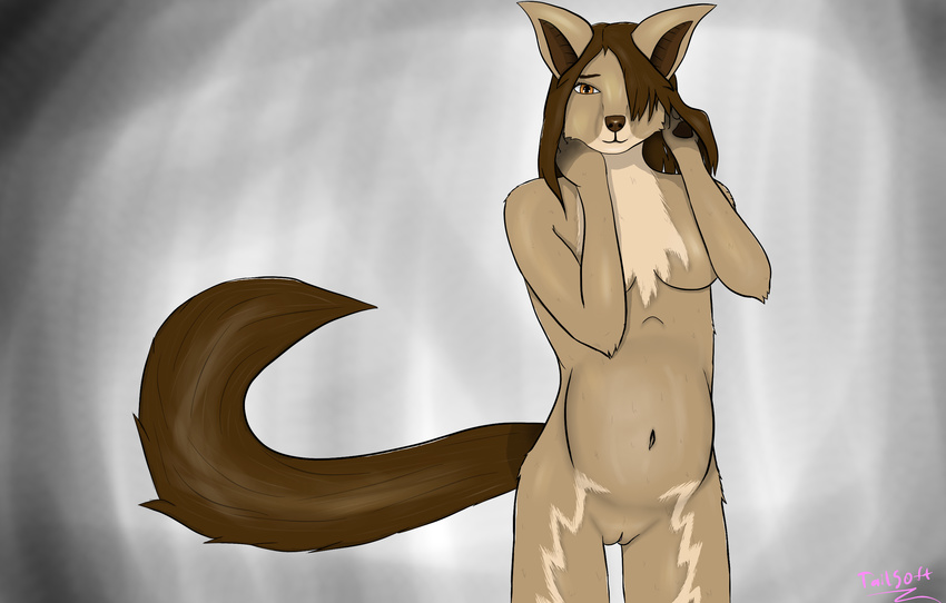 2016 anthro belly breasts canine casual_nudity digital_media_(artwork) felanda female fur hair looking_at_viewer mammal navel nude pose pregnant pussy simple_background smile solo tailsoft tasteful_nudity