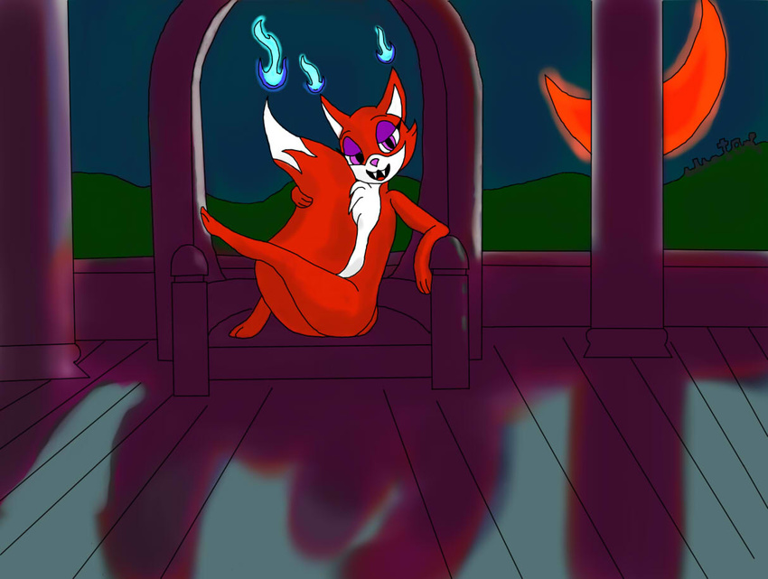 anthro blue_fire canine chair chest_tuft fangs female fox fur gravestones graveyard looking_at_viewer mammal moon night nude outside pillars porch raikoo red_fur solo tuft will-o-wisp wisp_(scare_games)