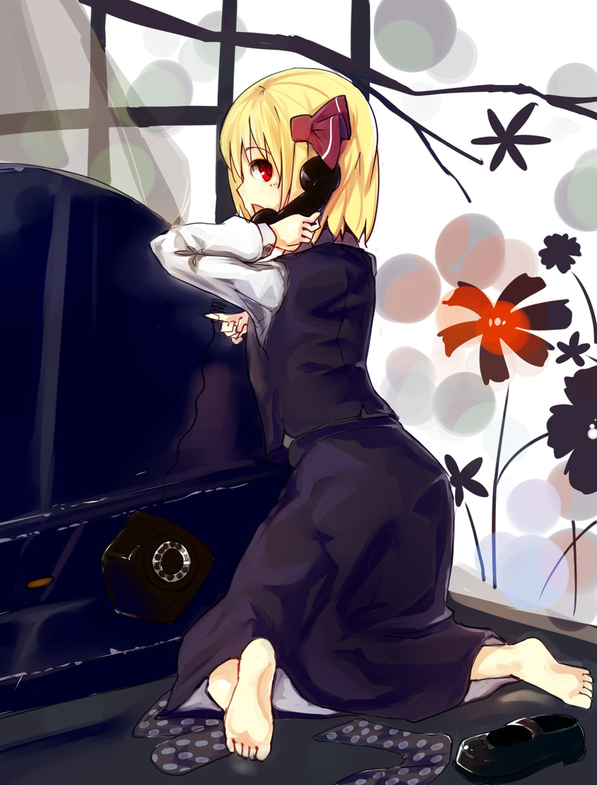 barefoot blonde_hair corded_phone feet flower hair_ribbon highres looking_back mary_janes murani phone profile red_eyes ribbon rotary_phone rumia shoes solo talking_on_phone touhou