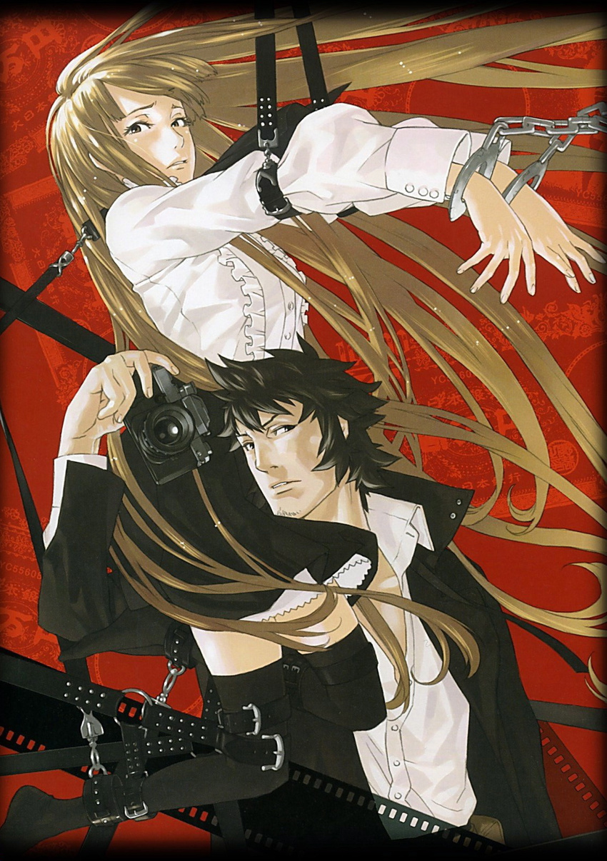 1girl bdsm black_hair bondage bound brown_hair camera carrying collar couple cuffs film_strip handcuffs hetero highres kozaki_yuusuke long_hair official_art saiga_tatsumi skirt speed_grapher tennouzu_kagura thighhighs zettai_ryouiki