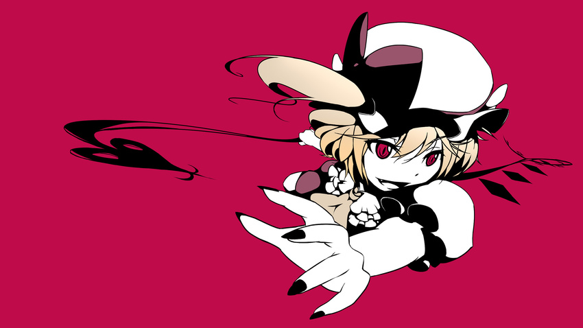 attack bad_id bad_pixiv_id blonde_hair bow dise fang flandre_scarlet flat_color flying hat highres nail_polish pink_eyes red red_background side_ponytail simple_background solo touhou upper_body wallpaper wings