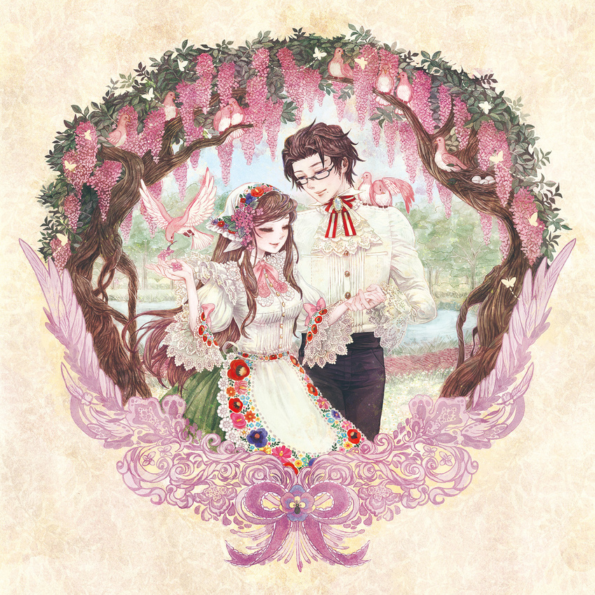 1girl apron austria_(hetalia) axis_powers_hetalia bird bow brown_hair bug butterfly closed_eyes couple floral_print flower frills glasses hair_flower hair_ornament head_scarf hetero highres holding_hands hungary_(hetalia) insect lace lilac mole nest ribbon smile takatora too_many too_many_frills tree