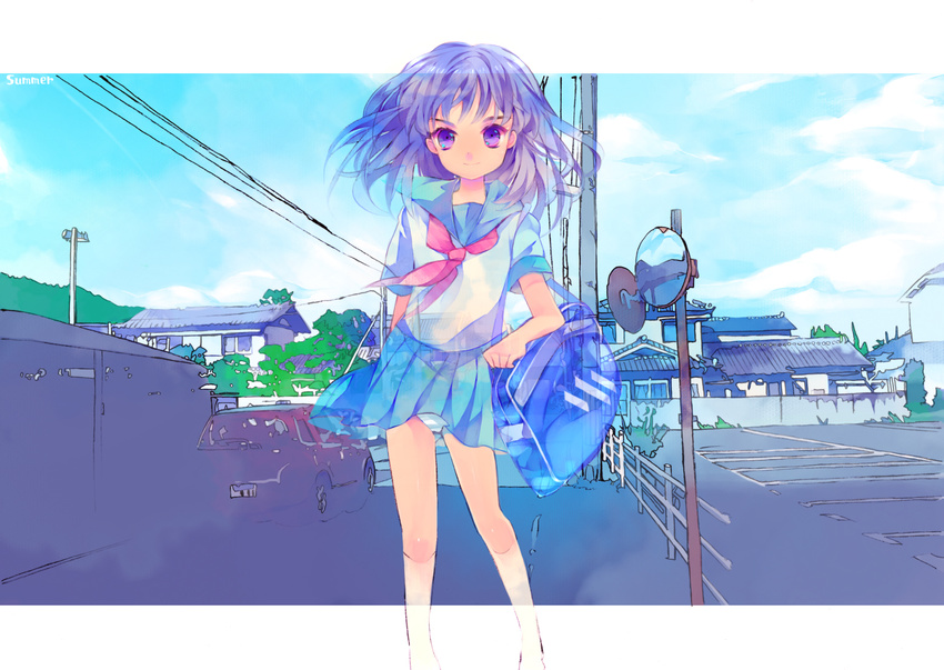 bag car ground_vehicle highres makino_(sinobusan) md5_mismatch motor_vehicle original panties power_lines purple_eyes purple_hair school_bag school_uniform see-through serafuku solo striped striped_panties underwear upskirt