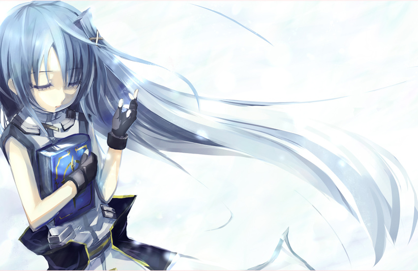 blue_hair book book_of_the_azure_sky closed_eyes fingerless_gloves gloves hair_ornament long_hair lyrical_nanoha magical_girl mahou_shoujo_lyrical_nanoha_strikers reinforce_zwei solo wagashi_(okashina) x_hair_ornament