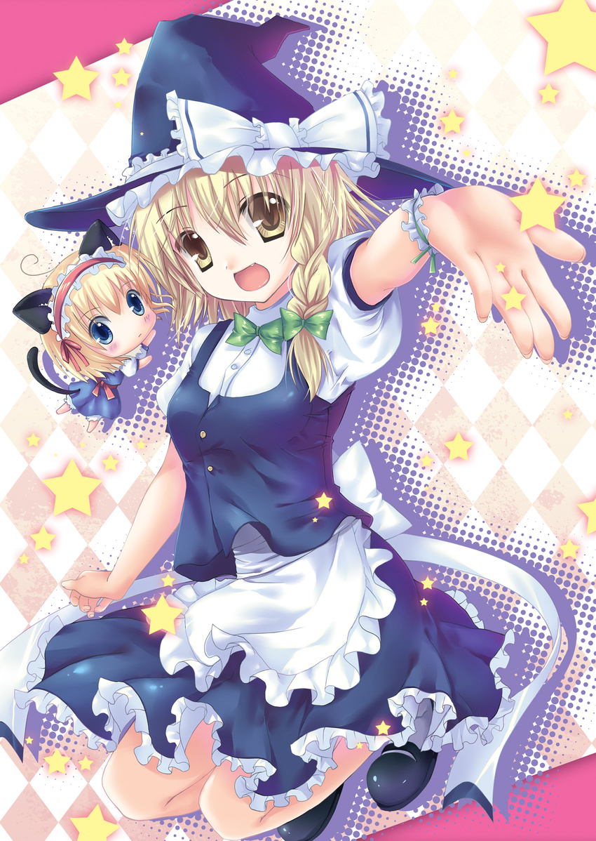 ahoge alice_margatroid animal_ears bad_id bad_pixiv_id blonde_hair blush braid cat_ears cat_tail chibi fang hanahanamaki hat highres kemonomimi_mode kirisame_marisa kneeling mary_janes multiple_girls open_mouth shoes single_braid star tail touhou witch_hat wrist_cuffs