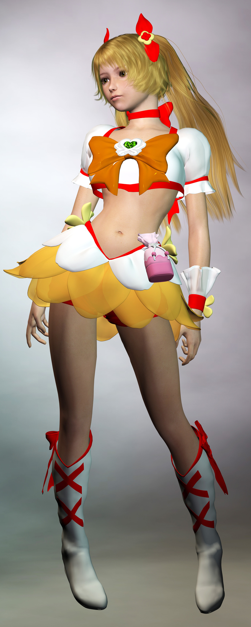3d absurdres blonde_hair boots cure_sunshine heart heartcatch_precure! highres legs magical_girl midriff myoudouin_itsuki navel precure realistic skirt solo twintails x_sanders_x yellow_eyes