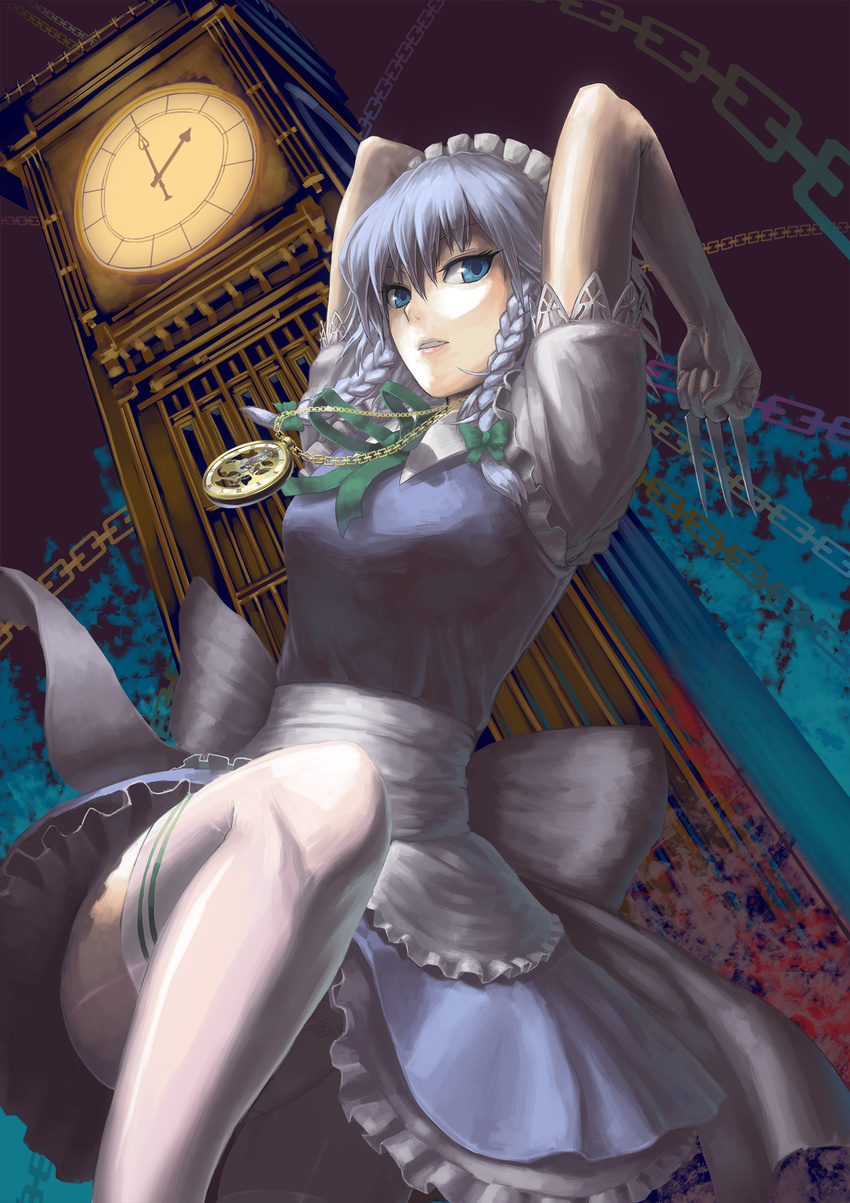 blue_eyes braid clock clock_tower cuboon highres holding holding_knife izayoi_sakuya knife knives_between_fingers long_legs maid maid_headdress pocket_watch short_hair silver_hair solo touhou tower twin_braids upskirt watch