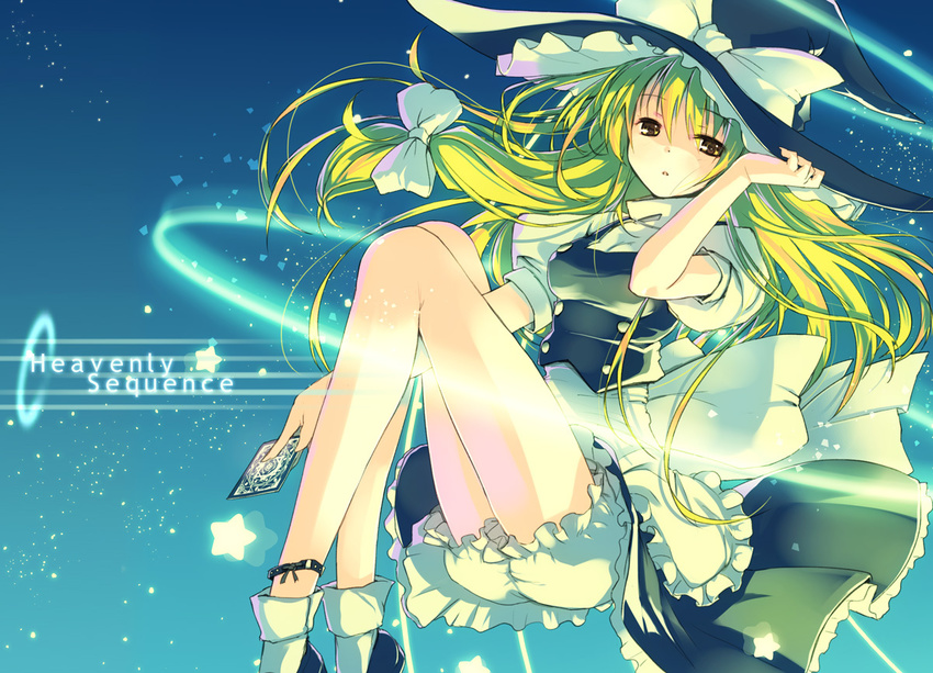 album_cover anklet blonde_hair bloomers bow card cover hair_bow hand_on_headwear hat holding holding_card jewelry kirisame_marisa legs legs_up long_hair refeia solo touhou underwear witch_hat yellow_eyes