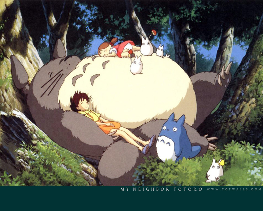 brown_hair ghibli kusakabe_mei kusakabe_satsuki leaves my_neighbor_totoro sky sleeping totoro trees whiskers