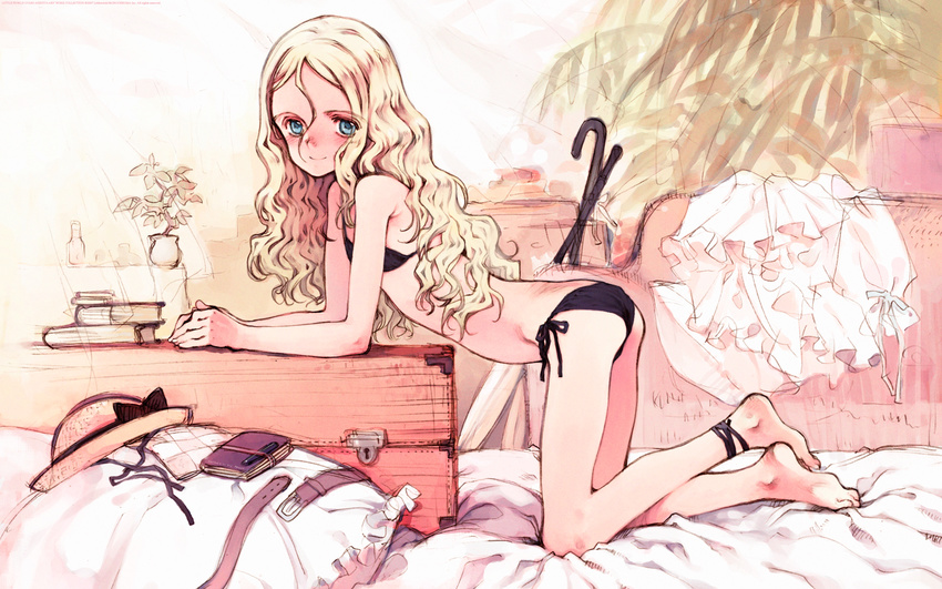 barefoot bent_over bikini blonde_hair blue_eyes fianna_mellowa flat_chest hair_between_eyes highres legs long_hair long_legs ooyari_ashito shoujo_mahou_gaku_littlewitch_romanesque smile solo swimsuit thighs wavy_hair