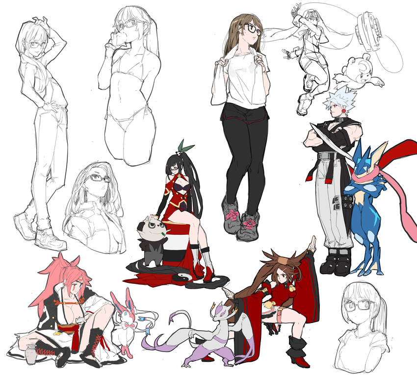 absurdres baiken bare_shoulders black_legwear blazblue breasts bridget_(guilty_gear) brown_hair china_dress chinese_clothes chipp_zanuff cleavage collage crossover dress fighting_stance flat_chest food full_body gen_2_pokemon gen_5_pokemon gen_6_pokemon glasses glasses_girl_(makai) greninja guilty_gear highres kuradoberi_jam lao_jiu large_breasts litchi_faye_ling long_hair makai mienshao multiple_girls original pancham pantyhose pokemon pokemon_(creature) red_dress sketch sweet_potato sylveon teddiursa towel towel_around_neck very_long_hair wide_sleeves yakiimo