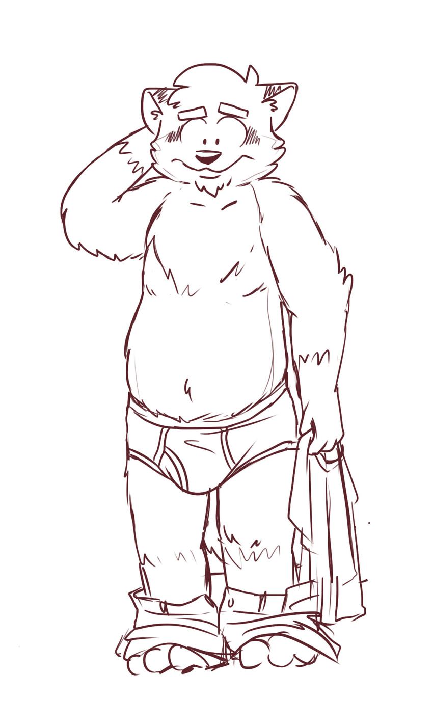 andy_(heyitscousindave) anthro barefoot blush briefs bulge clothed clothing digital_drawing_(artwork) digital_media_(artwork) embarrassed heyitscousindave line_art looking_at_viewer male mammal monochrome pants_down partially_clothed raccoon rubbing_head shirt slightly_chubby solo standing topless underwear