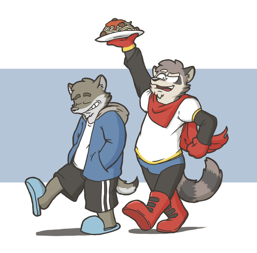 andy_(heyitscousindave) anthro boots canine clothed clothing cousin_dave duo food footwear fur heyitscousindave hoodie male mammal papyrus_(undertale) pasta raccoon sans_(undertale) simple_background spaghetti tagme undertale video_games wolf