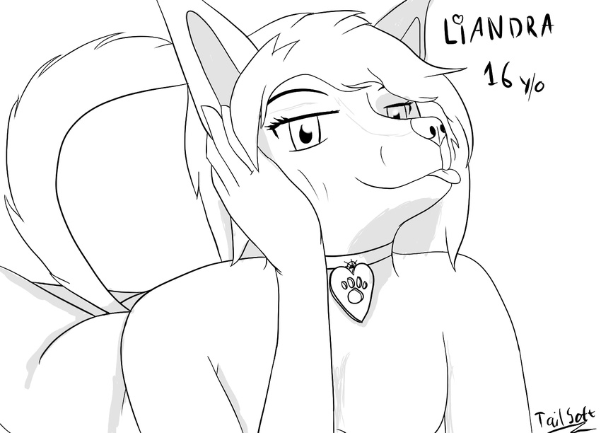 2016 anthro black_and_white breasts butt canine collar digital_media_(artwork) english_text female fur hair liandra line_art looking_at_viewer lying mammal monochrome nude on_front simple_background smile solo tailsoft teenager text tongue tongue_out white_background young