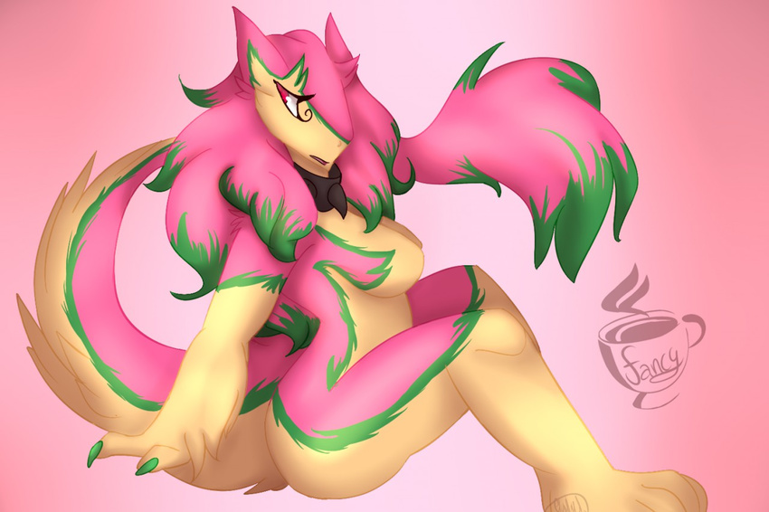 2016 anthro breasts brown_fur claws english_text facial_markings featureless_breasts female fur green_claws green_fur green_hair hair long_hair markings multicolored_fur multicolored_hair nude open_mouth pink_background pink_fur pink_hair raised_tail red_eyes sergal side_view simple_background sirfancywolf sitting slit_pupils solo tail_tuft text tuft turkinwif two_tone_hair watermark
