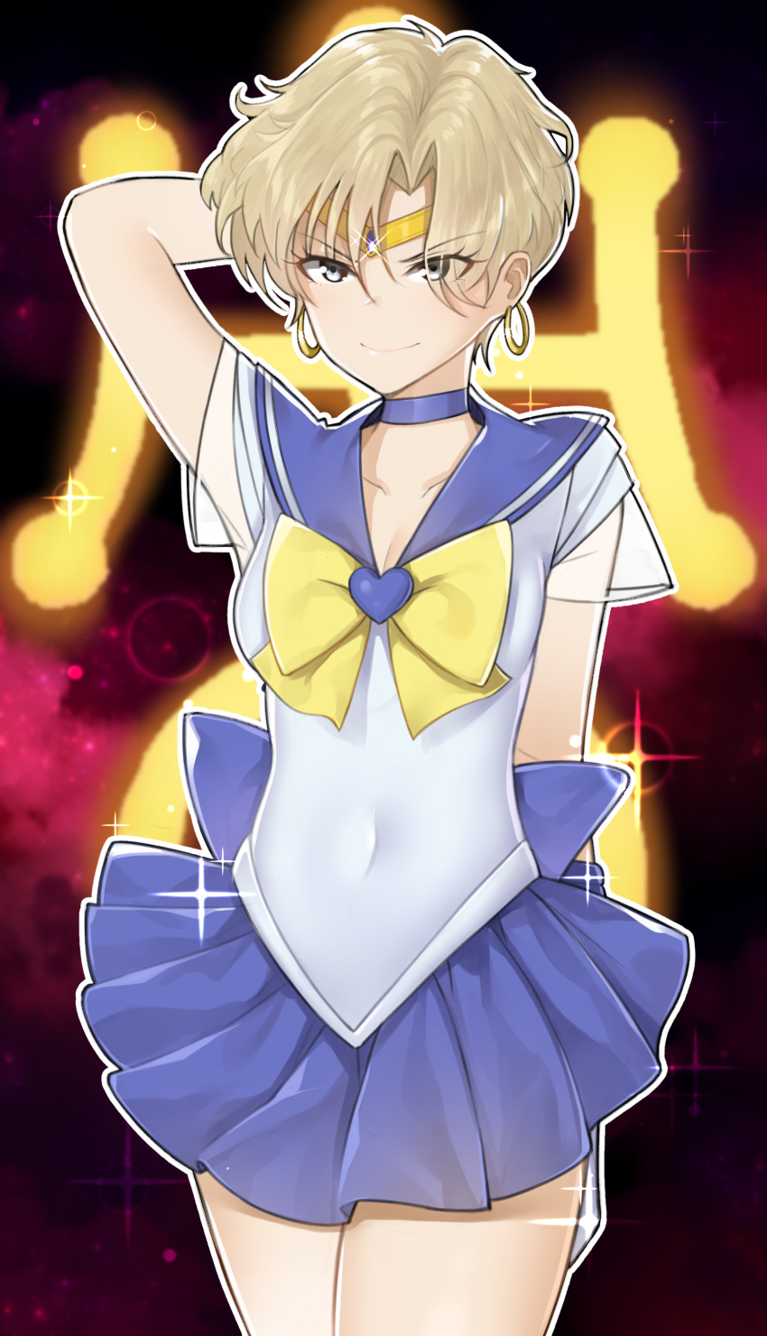 1girl absurdres back_bow bishoujo_senshi_sailor_moon blue_choker blue_sailor_collar bow choker earrings grey_eyes highres hoop_earrings jewelry looking_at_viewer noria outer_senshi pleated_skirt sailor_collar sailor_senshi_uniform sailor_uranus short_hair skirt smile ten'ou_haruka very_short_hair