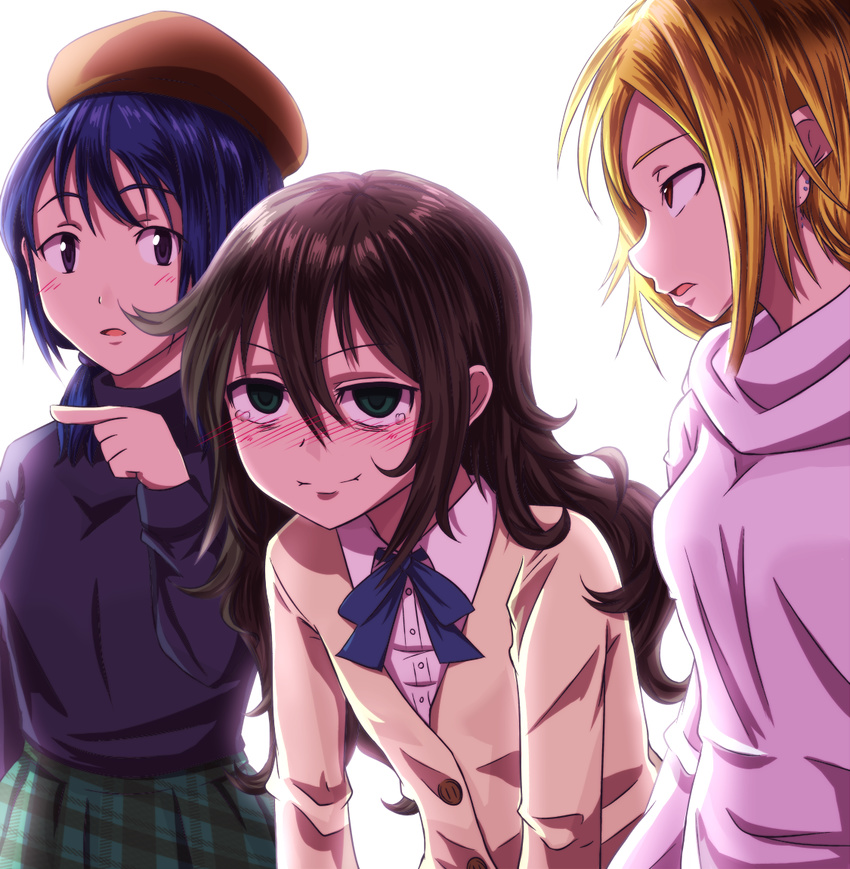 backlighting beret blonde_hair blue_hair blush brown_eyes brown_hair casual commentary_request ear_piercing green_eyes hair_between_eyes hat kaigara_suupu kuroki_tomoko long_hair multiple_girls neck_ribbon piercing plaid plaid_skirt pointing purple_eyes ribbon school_uniform sidelocks skirt slouching smile sweater tamura_yuri tears turtleneck watashi_ga_motenai_no_wa_dou_kangaetemo_omaera_ga_warui! wavy_hair yoshida_masaki