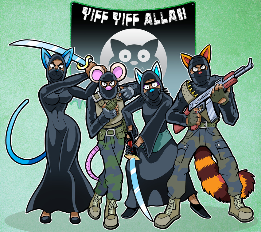 2016 ak-47 angry animal_tail anthro assault_rifle belt black_eyes black_nose blue_nose boots breasts brown_fur cat clothing curtsibling digital_media_(artwork) dress english_text explosives eyebrows eyelashes feline female flag footwear fur gradient_background green_background grenade group gun hi_res isis knife looking_at_viewer looking_down male mammal melee_weapon mouse nails pants parody pink_nose ranged_weapon rifle rodent shoes simple_background smile sword text vest watermark weapon whiskers white_sclera
