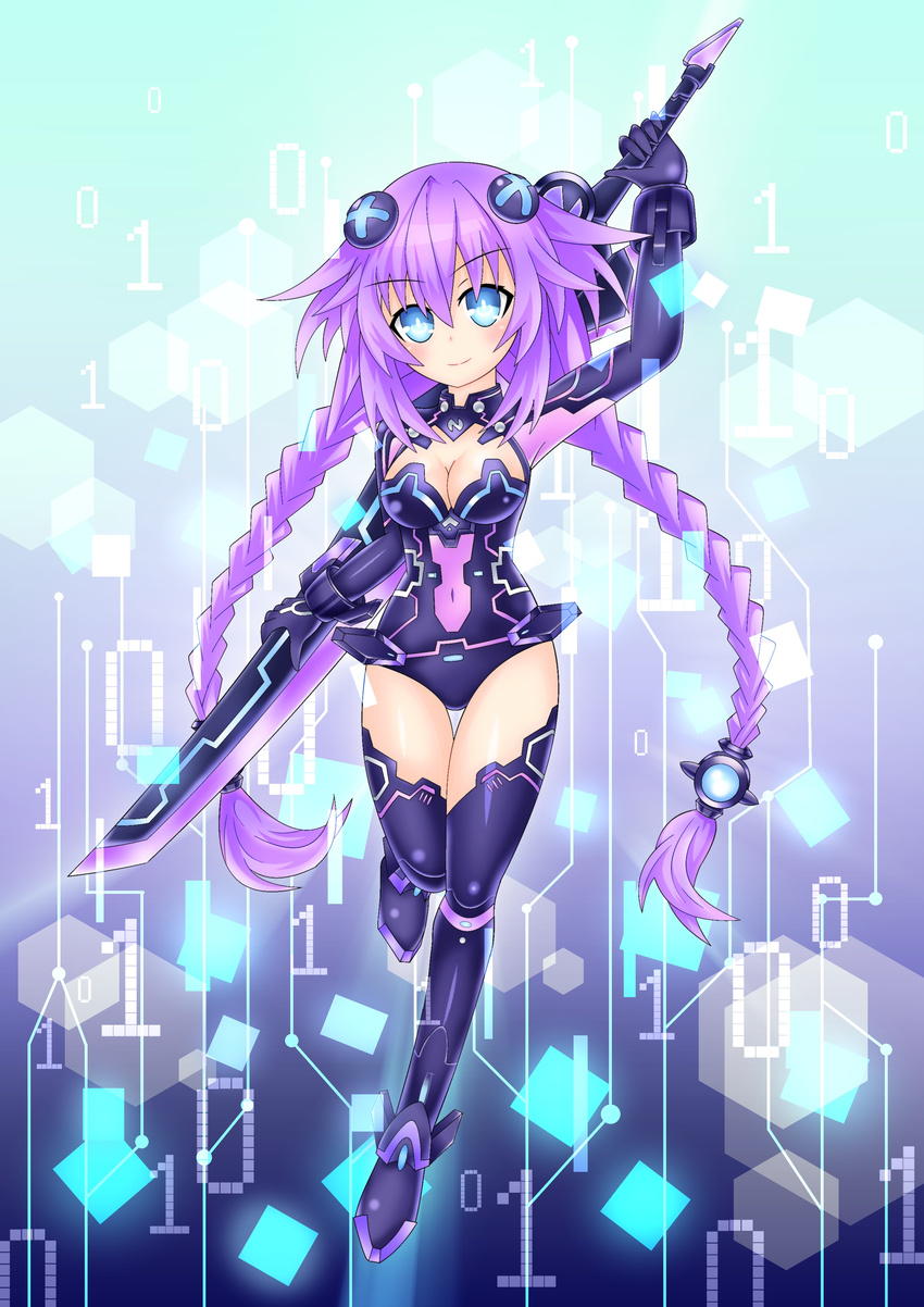 absurdres bangs blue_eyes braid breasts cleavage cleavage_cutout gloves hair_ornament highres kyou large_breasts leotard long_hair looking_at_viewer neptune_(series) purple_hair purple_heart solo sword symbol-shaped_pupils twin_braids very_long_hair weapon