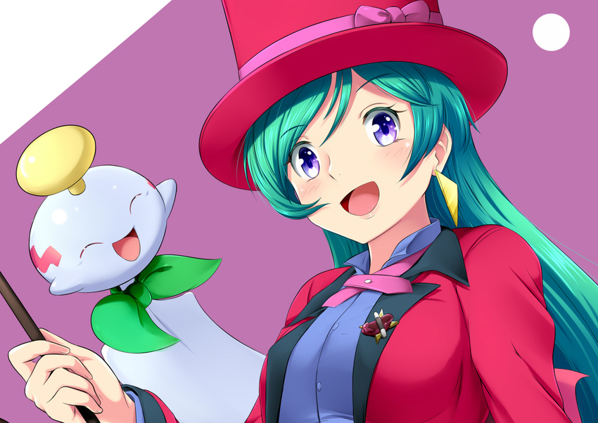 breasts brooch chimecho earrings formal gen_3_pokemon green_hair hat highres jacket jewelry long_hair magician medium_breasts open_mouth pantyhose pokemon pokemon_(anime) pokemon_(creature) purple_eyes ribbon shizue_(pokemon) smile suit top_hat wand yomitrooper