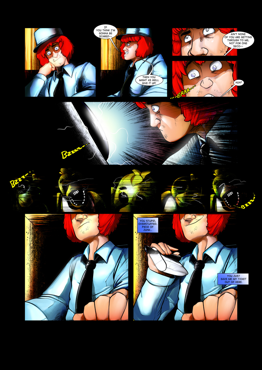 2016 absurd_res animatronic avian bird brianxkaren chica_(fnaf) chicken comic digital_media_(artwork) facial_hair five_nights_at_freddy's five_nights_at_freddy's:_the_day_shift hi_res human machine male mammal mike_schmidt robot video_games