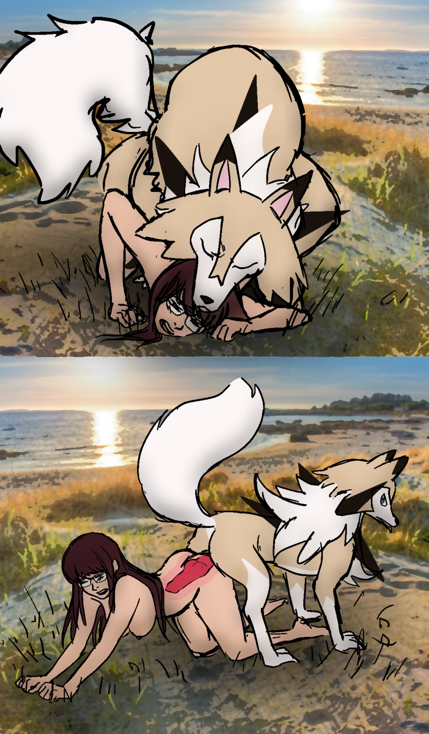 ambiguous_penetration animal_genitalia animal_penis ass_to_ass bestiality breasts canine_penis duo erection female female_on_feral feral fur hair human human_on_feral internal interspecies knot knotting lycanroc male male/female mammal midday_lycanroc nintendo nude open_mouth penetration penis pok&eacute;mon pok&eacute;mon_(species) pok&eacute;philia princessyiris sex trainer_iris video_games x-ray