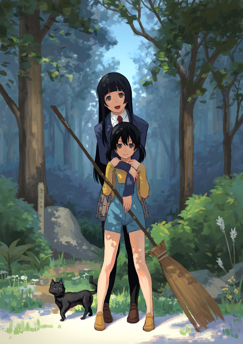 :d animal arm_holding bangs bare_legs behind_another black_cat black_hair black_legwear blazer broom brown_footwear bush cat chito_(flying_witch) closed_mouth collared_shirt cousins dappled_sunlight dress_shirt flying_witch foliage grass green_eyes hand_on_another's_arm height_difference highres holding holding_broom hug hug_from_behind jacket kowata_makoto kuramoto_chinatsu legs_apart loafers long_hair long_sleeves looking_at_viewer miniskirt multiple_girls necktie open_mouth outdoors overalls pantyhose pinakes plaid plaid_skirt pleated_skirt red_neckwear revision rock school_uniform shade shirt shoes skirt smile standing sunlight tree twintails white_shirt yellow_footwear