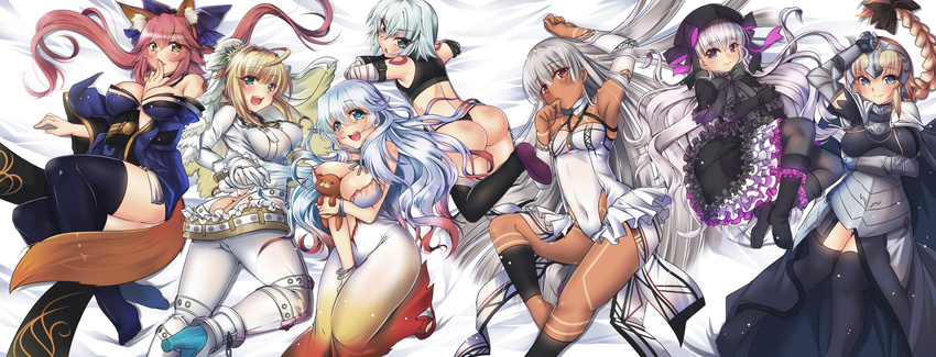 6+girls :d absurdres ahoge altera_(fate) alternate_hair_length alternate_hairstyle animal_ears aqua_eyes arm_up armor armpits artemis_(fate/grand_order) ass ass_cutout back bandaged_arm bandages bare_shoulders belt between_breasts black_gloves black_legwear blonde_hair blue_eyes blush boots bracelet braid breasts brown_eyes dark_skin fate/apocrypha fate/extra fate/extra_ccc fate/grand_order fate_(series) fox_ears fox_tail full_body_tattoo gauntlets gloves grey_hair hat helmet high_heels highres hug jack_the_ripper_(fate/apocrypha) japanese_clothes jeanne_d'arc_(fate) jeanne_d'arc_(fate)_(all) jewelry kimono large_breasts long_hair looking_at_viewer lying medium_breasts multiple_girls nero_claudius_(bride)_(fate) nero_claudius_(fate)_(all) nipple_slip nipples nursery_rhyme_(fate/extra) on_stomach one_eye_closed open_mouth orion_(fate/grand_order) pantyhose parted_lips pink_hair purple_eyes red_eyes sesield short_hair silver_hair small_breasts smile tail tamamo_(fate)_(all) tamamo_no_mae_(fate) tattoo teeth thighhighs