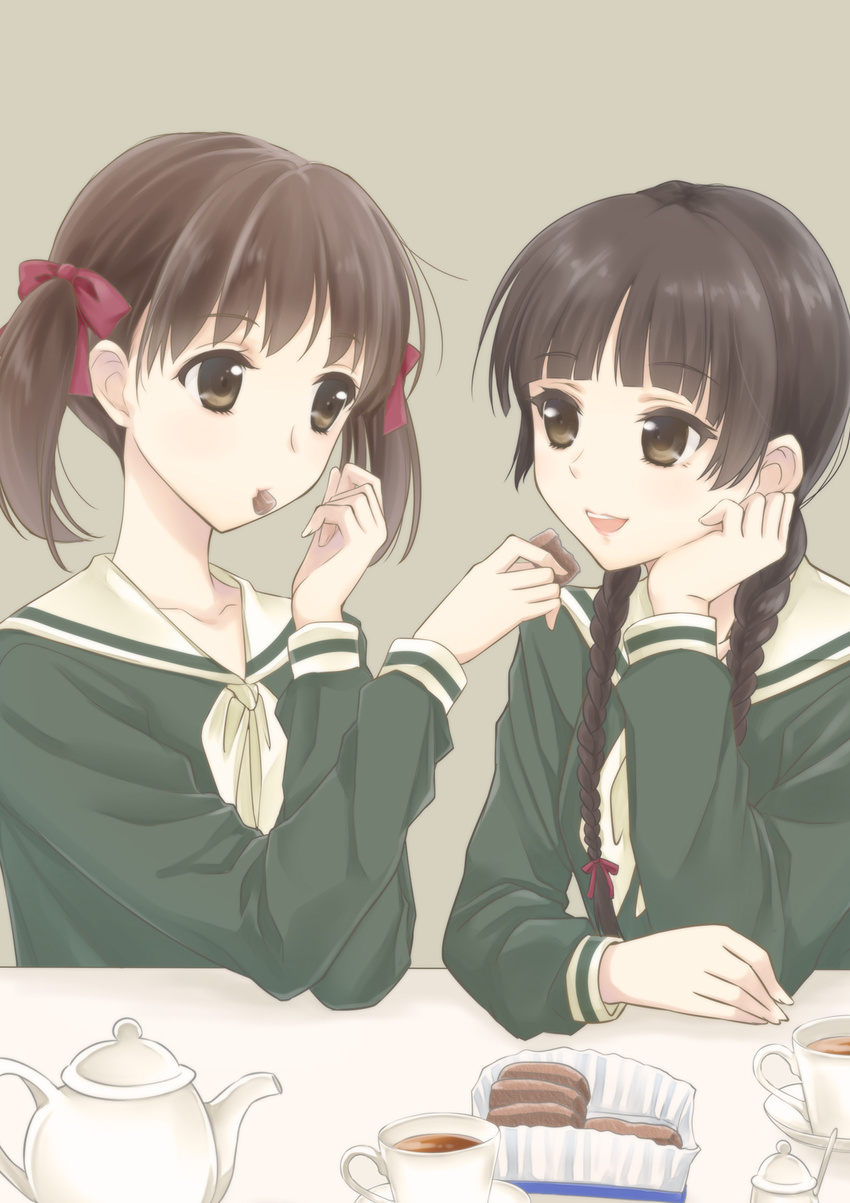 black_hair braid brown_eyes brown_hair cookie eyebrows eyebrows_visible_through_hair feeding food food_in_mouth fukuzawa_yumi hair_ribbon highres maria-sama_ga_miteru multiple_girls nekonoyuzu open_mouth ribbon school_uniform shimazu_yoshino short_twintails tea teapot twintails yuri