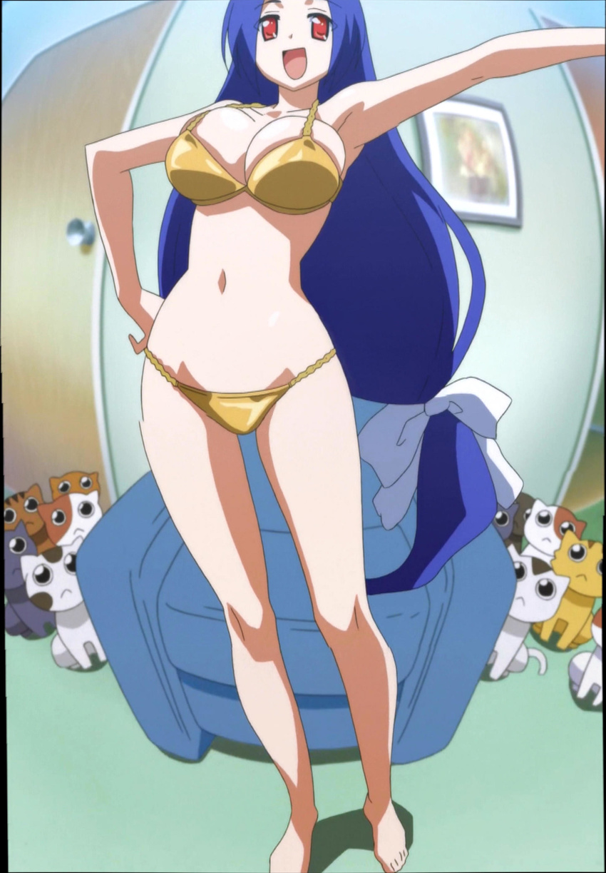blue_hair breasts cleavage large_breasts long_hair looking_at_viewer mayoi_neko_overrun! open_mouth red_eyes screencap smile solo standing stitched swimsuit tsuzuki_otome