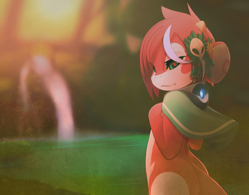 ambiguous_gender anthro cape clothing cyan_eyes dragon forest hair hairpin horn laurel_wreath looking_at_viewer pink_hair pond ru_(rudragon) rudragon smile tree waterfall yellow_sclera